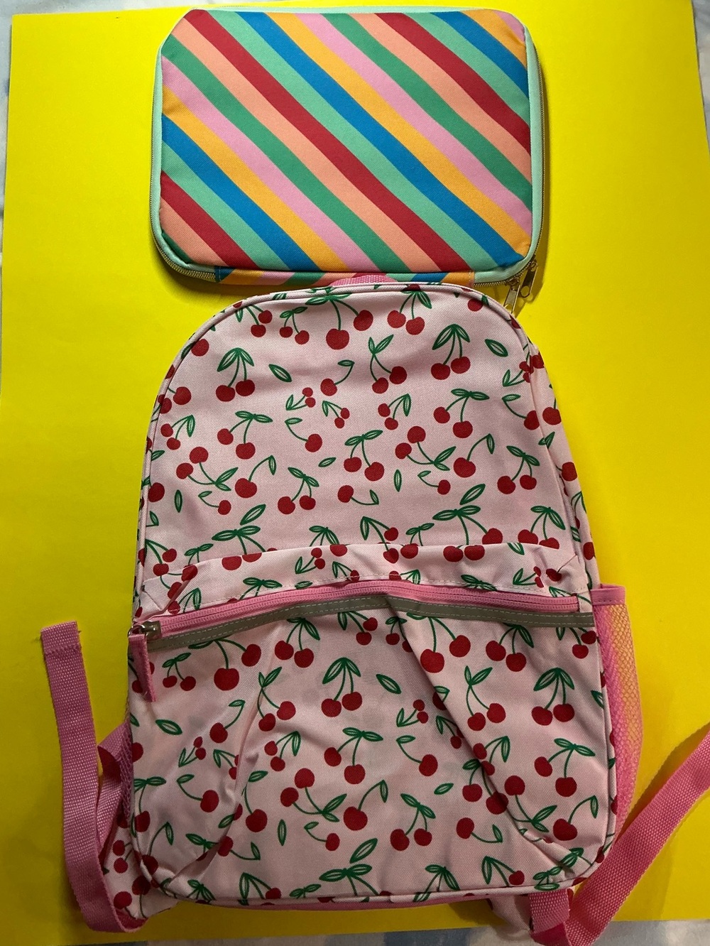 Kids Cherry Print Pink Backpack with Rainbow 2 Zip Pouch